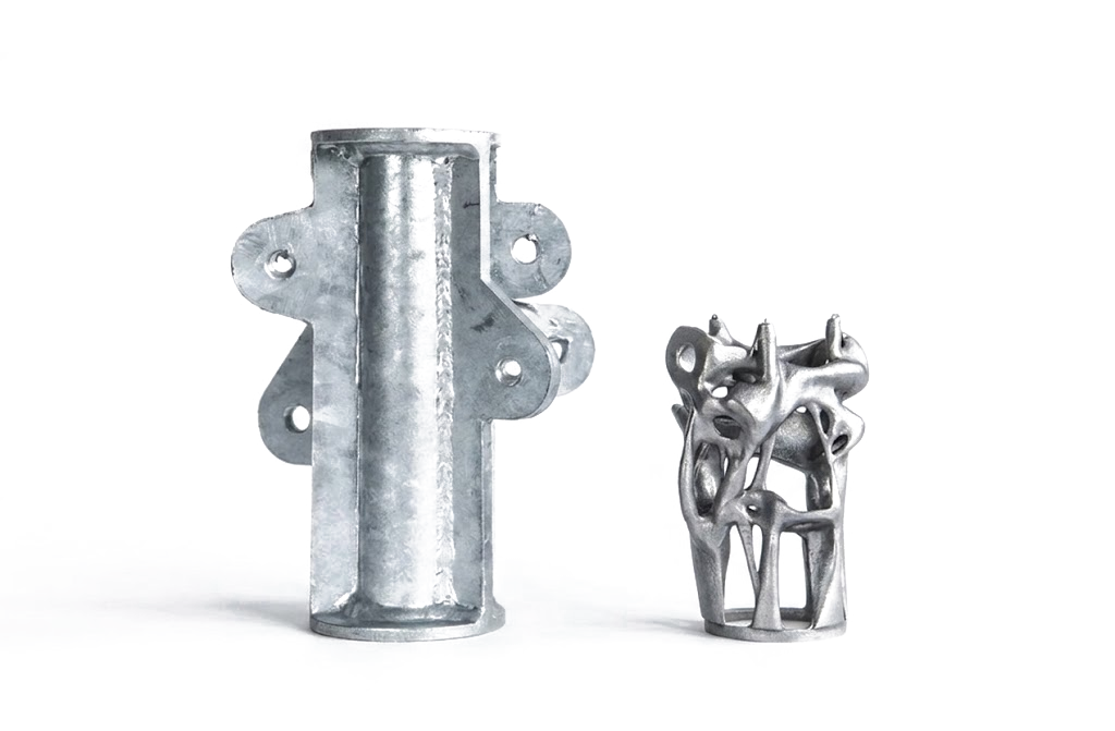 A human-designed structural joint beside a generatively-designed joint that requires 75% less material.